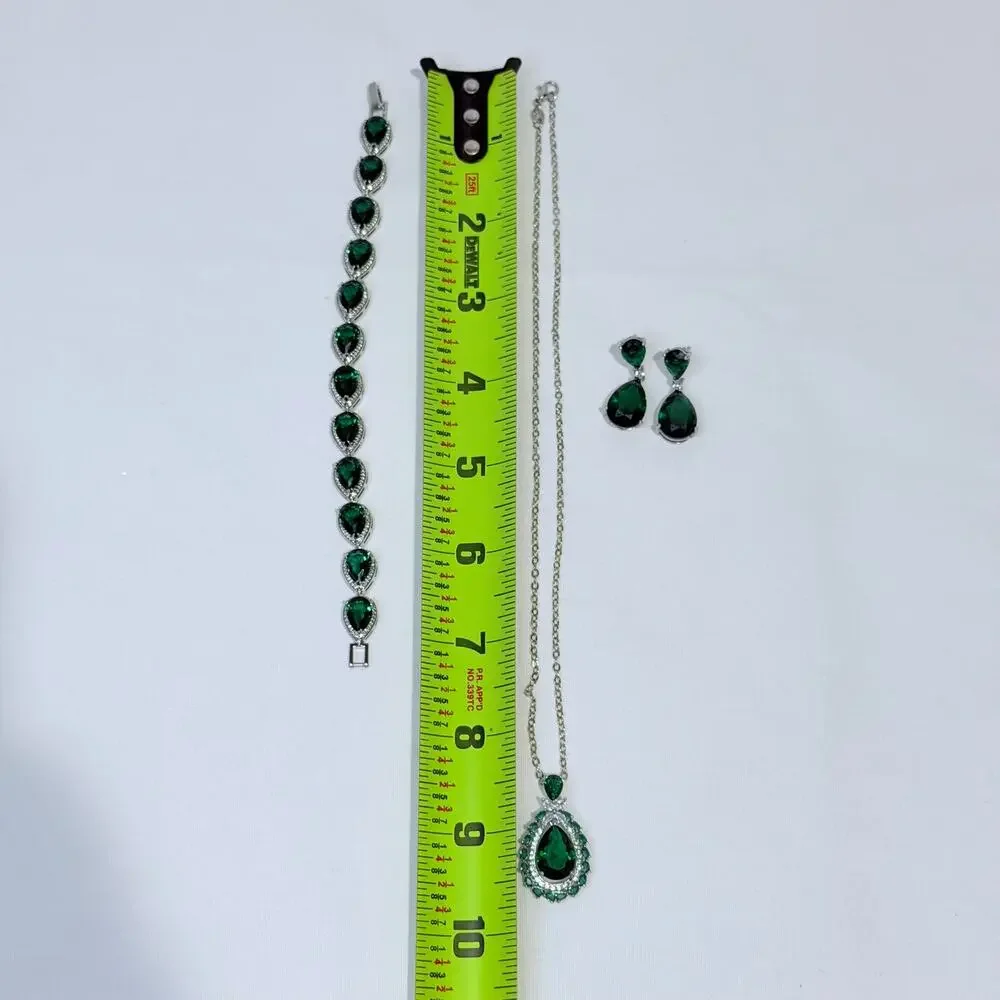 Emerald Teardrop Pear Shape Necklace Pendant, Earrings, Bracelet Set, Plated - Picture 10 of 10